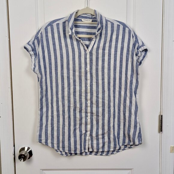 beachlunchlounge | Blue Stripe Linen Button-Up Shirt Size Large - Picture 1 of 6